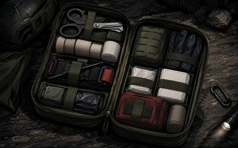 Organized wilderness trauma kit with bandages, shears, gloves, and medical pouches