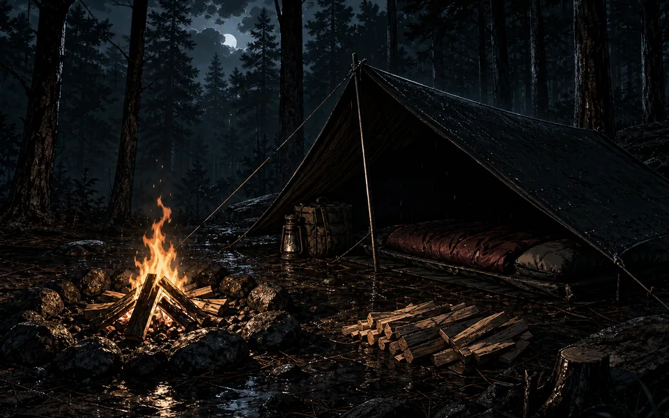 Controlled campfire beside a compact tarp shelter in a rain-dark forest