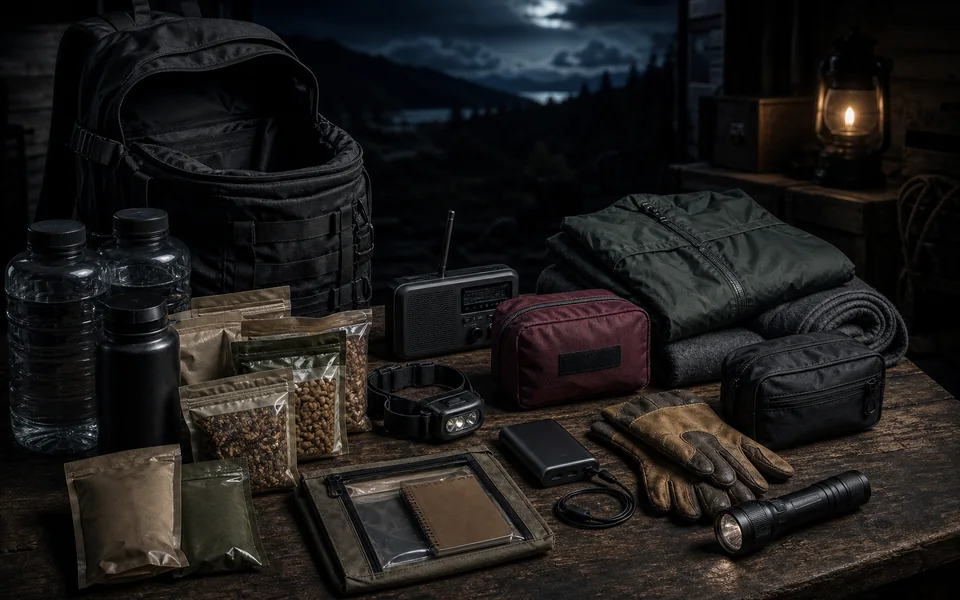 Organized 72-hour emergency supplies beside an open evacuation backpack in a dark staging area