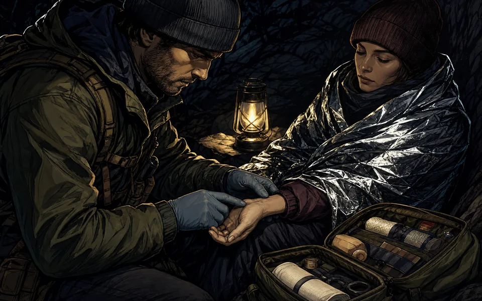 Wilderness responder checking a bundled hiker's radial pulse by lantern light