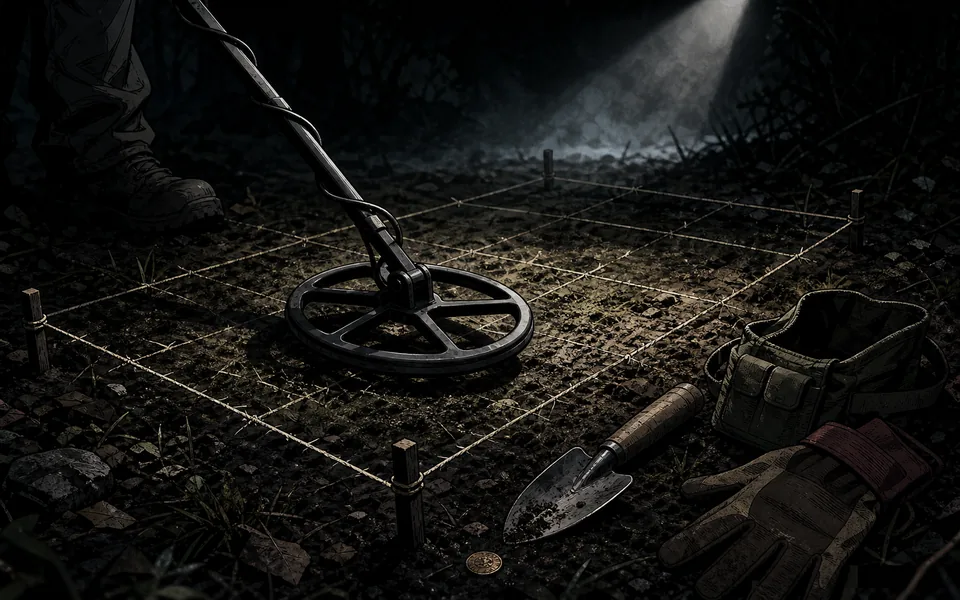 Metal detector sweeping a carefully marked recovery grid