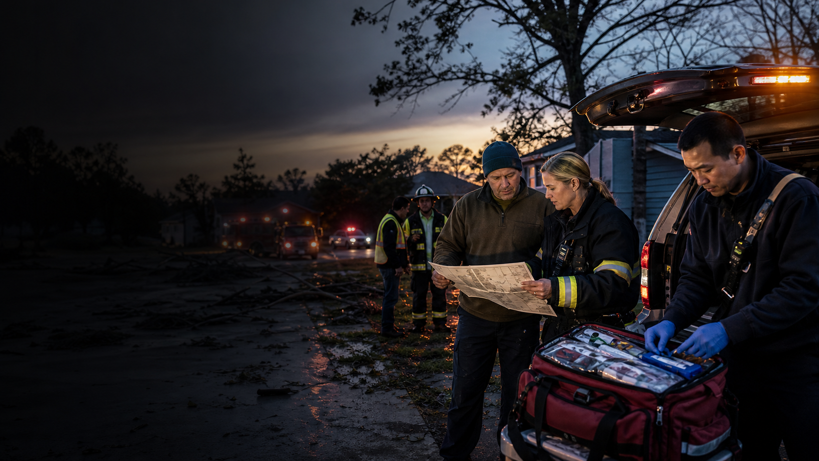 Emergency responders coordinate with a resident beside medical equipment after a severe wind event