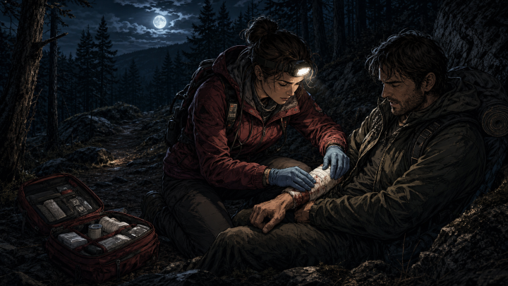 Responder applies a pressure dressing to an injured hiker on a forest trail
