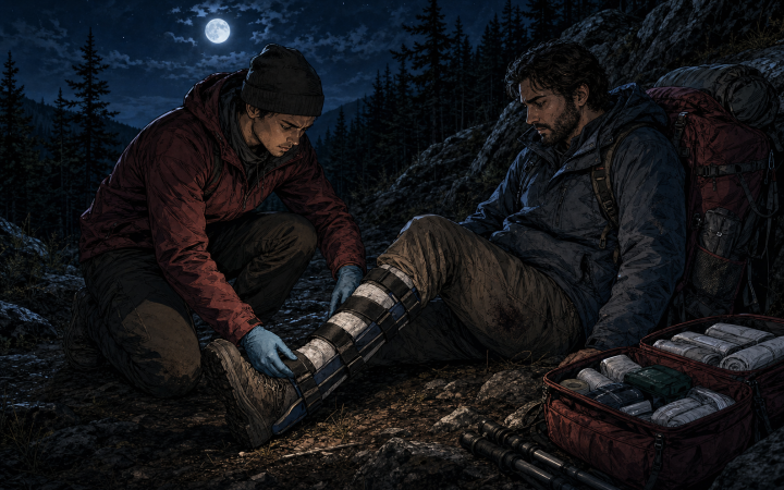 Responder secures a padded lower-leg splint while checking the injured hiker's boot