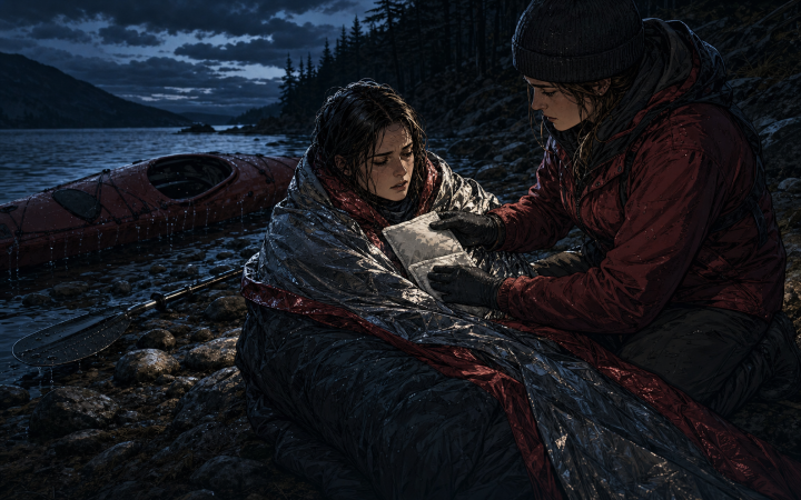 Cold kayaker wrapped in reflective insulation while a companion begins careful rewarming