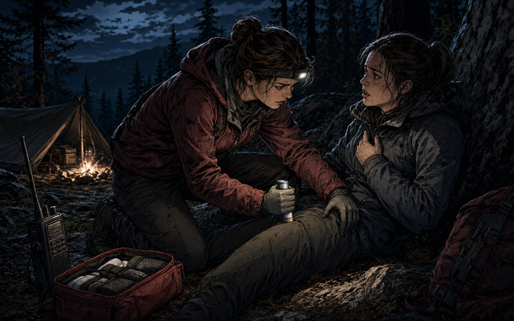 Responder administers an epinephrine auto-injector to a conscious hiker in breathing distress