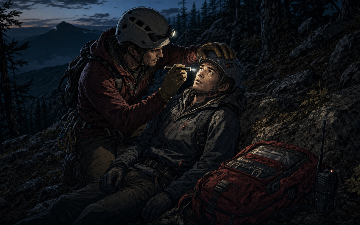 Responder stabilizes a helmeted climber and checks pupil response after a fall