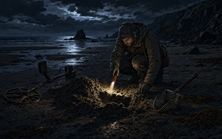 Detectorist rescans a wet-sand spoil pile and scoop hole with a handheld pinpointer