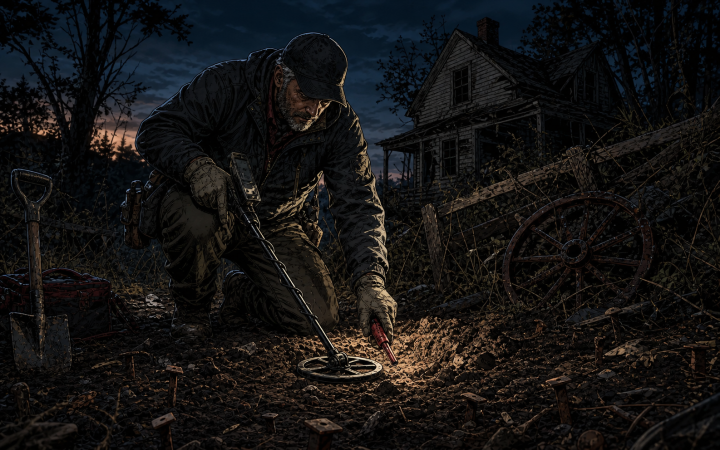 Detectorist cross-sweeps a small coil among rusty iron at an abandoned homestead