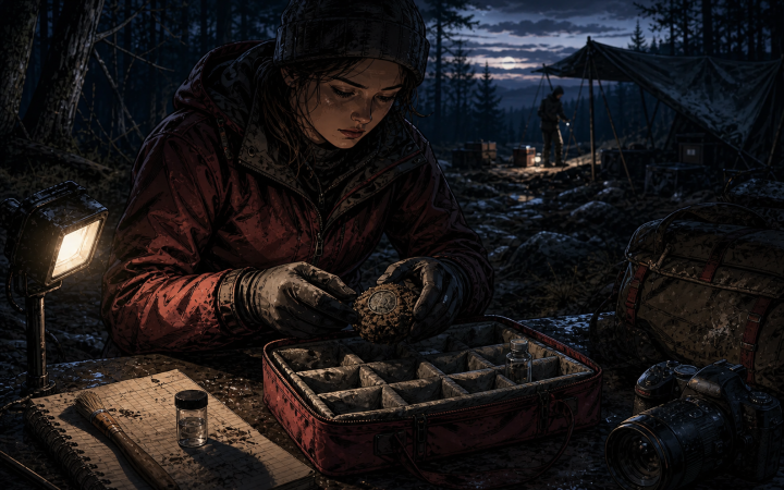 Gloved detectorist lifts a fragile corroded find inside an intact soil puck