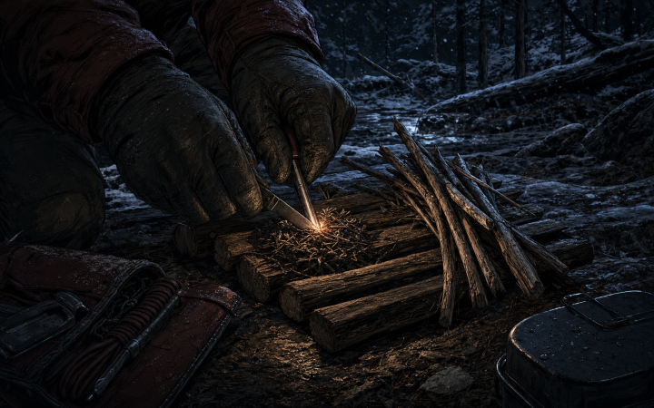 Gloved hands strike a ferro rod over tinder raised on a split-stick platform