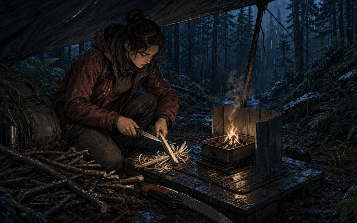 Camper splits wet wood into feather sticks beside a sheltered raised fire