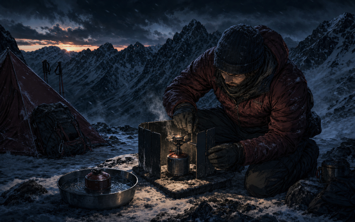 Winter camper troubleshoots a canister stove while warming spare fuel safely in water