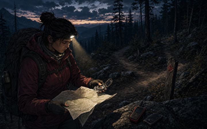 Hiker stops at a fading trail junction to compare a paper map and baseplate compass