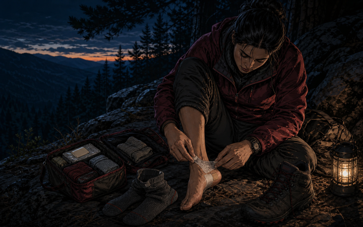 Seated hiker applies a clean hydrocolloid dressing and tape to a heel hotspot