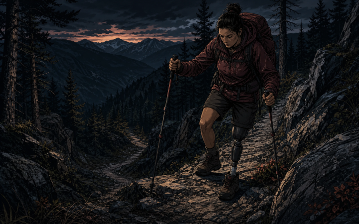 Adaptive hiker uses trekking poles and controlled short steps on a steep rocky descent